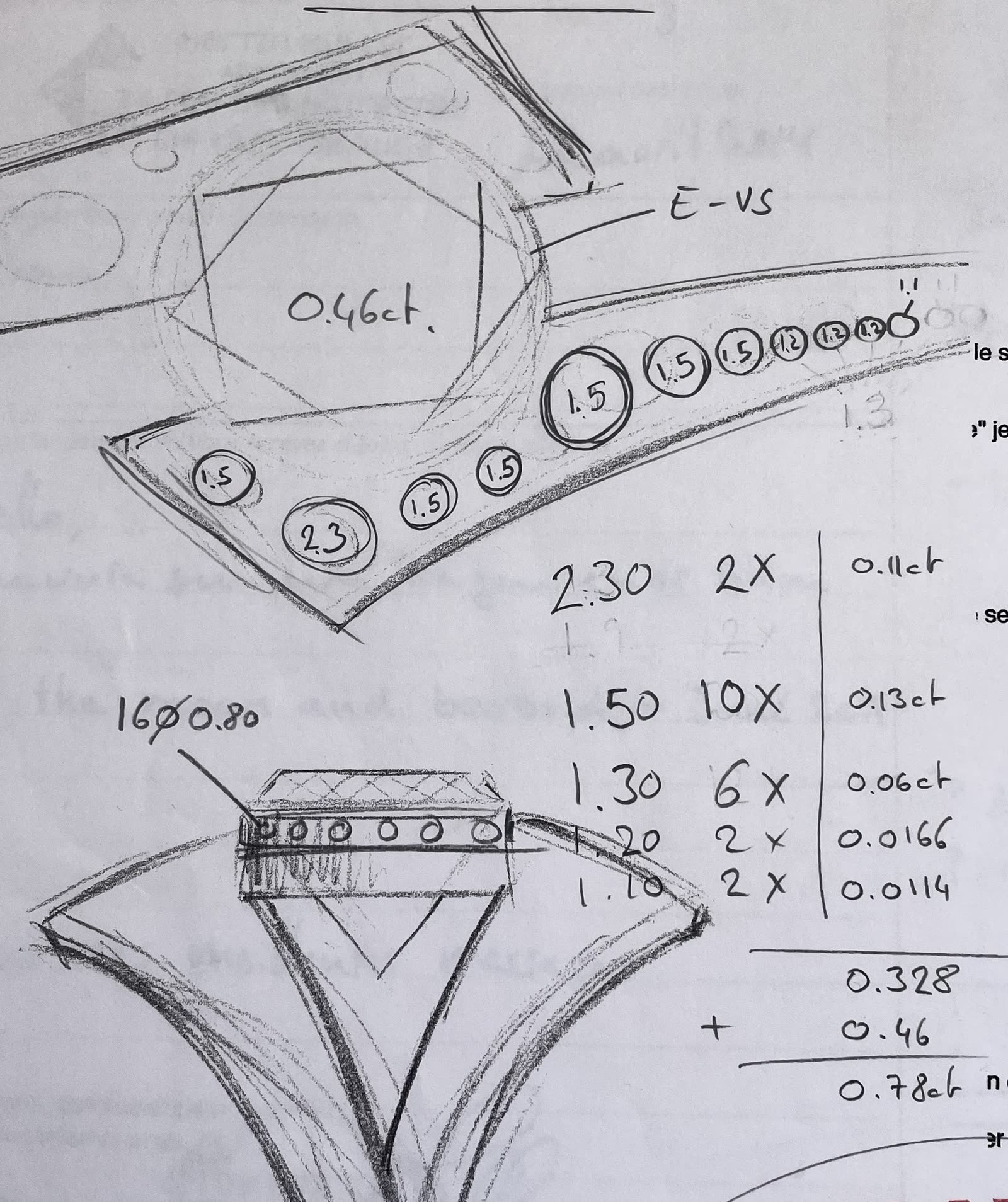 Croquis d'atelier annoté : diamant 0,46 carat, pierres calibrées